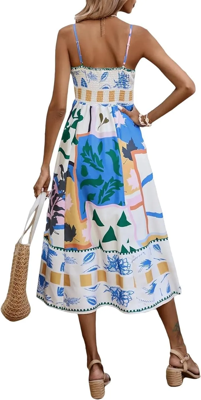 Women Graffiti Printed Maxi Cami Dress Square Neck Sleeveless Spaghetti Strap Boho Dress Flowy Swing Aline Sundress