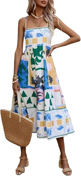 Women Graffiti Printed Maxi Cami Dress Square Neck Sleeveless Spaghetti Strap Boho Dress Flowy Swing Aline Sundress