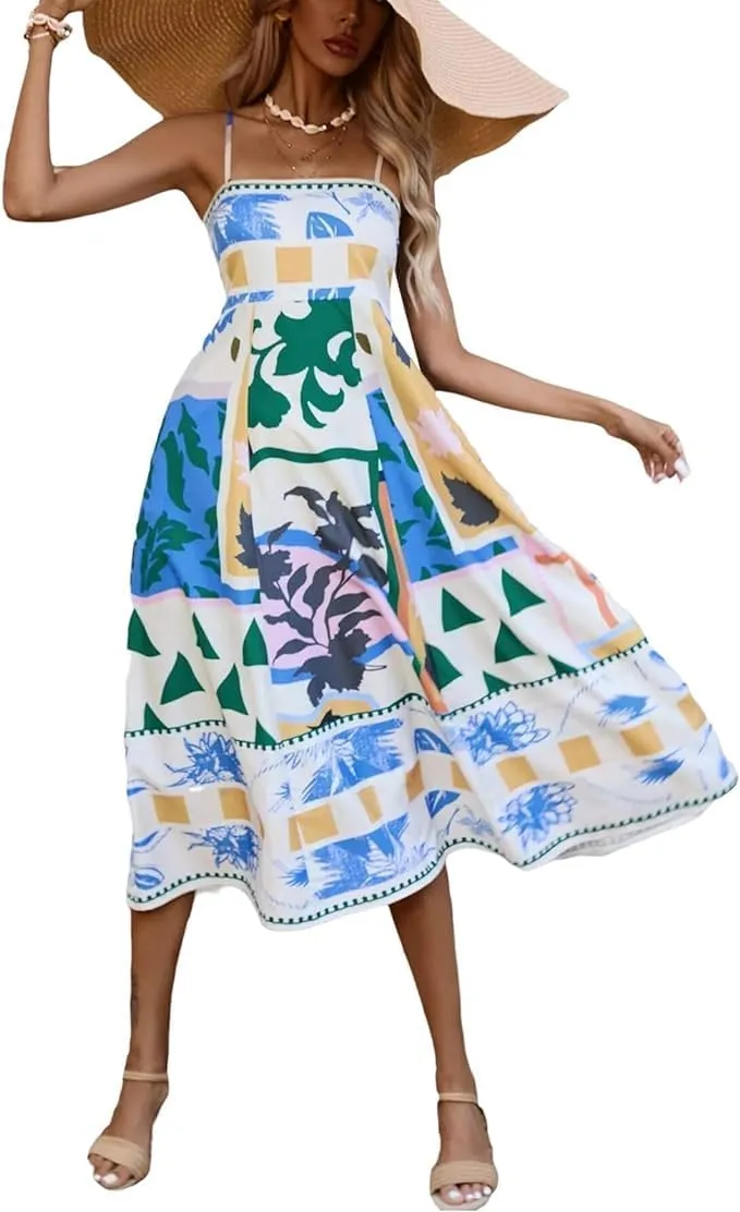 Women Graffiti Printed Maxi Cami Dress Square Neck Sleeveless Spaghetti Strap Boho Dress Flowy Swing Aline Sundress