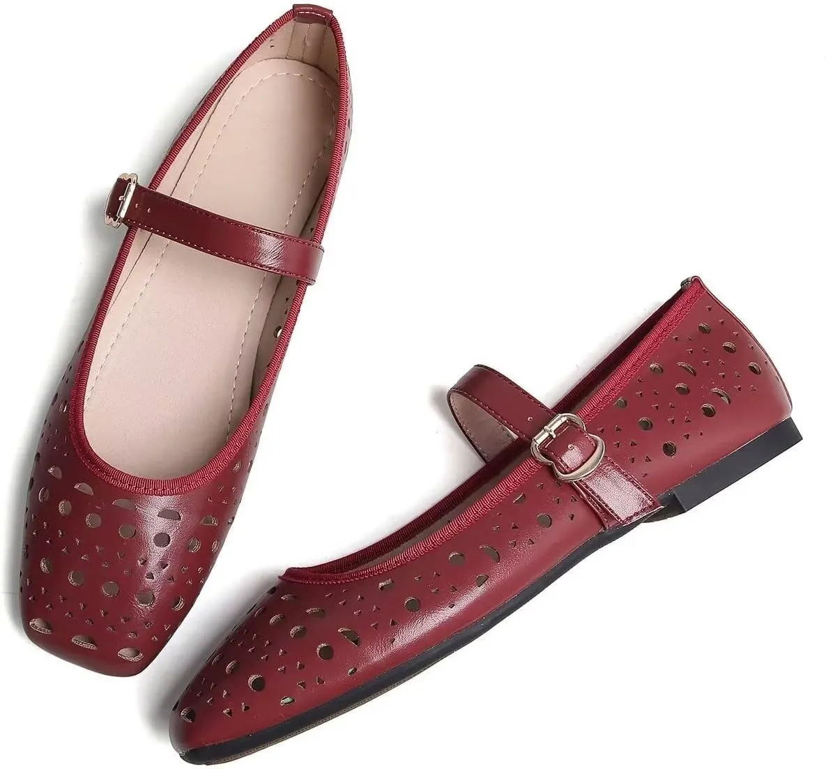Women Summer Mary Jane Flats Breathable Low Heel Fashion Dress Shoes Square Toe Buckle Strap Casual Office Beach Shoes