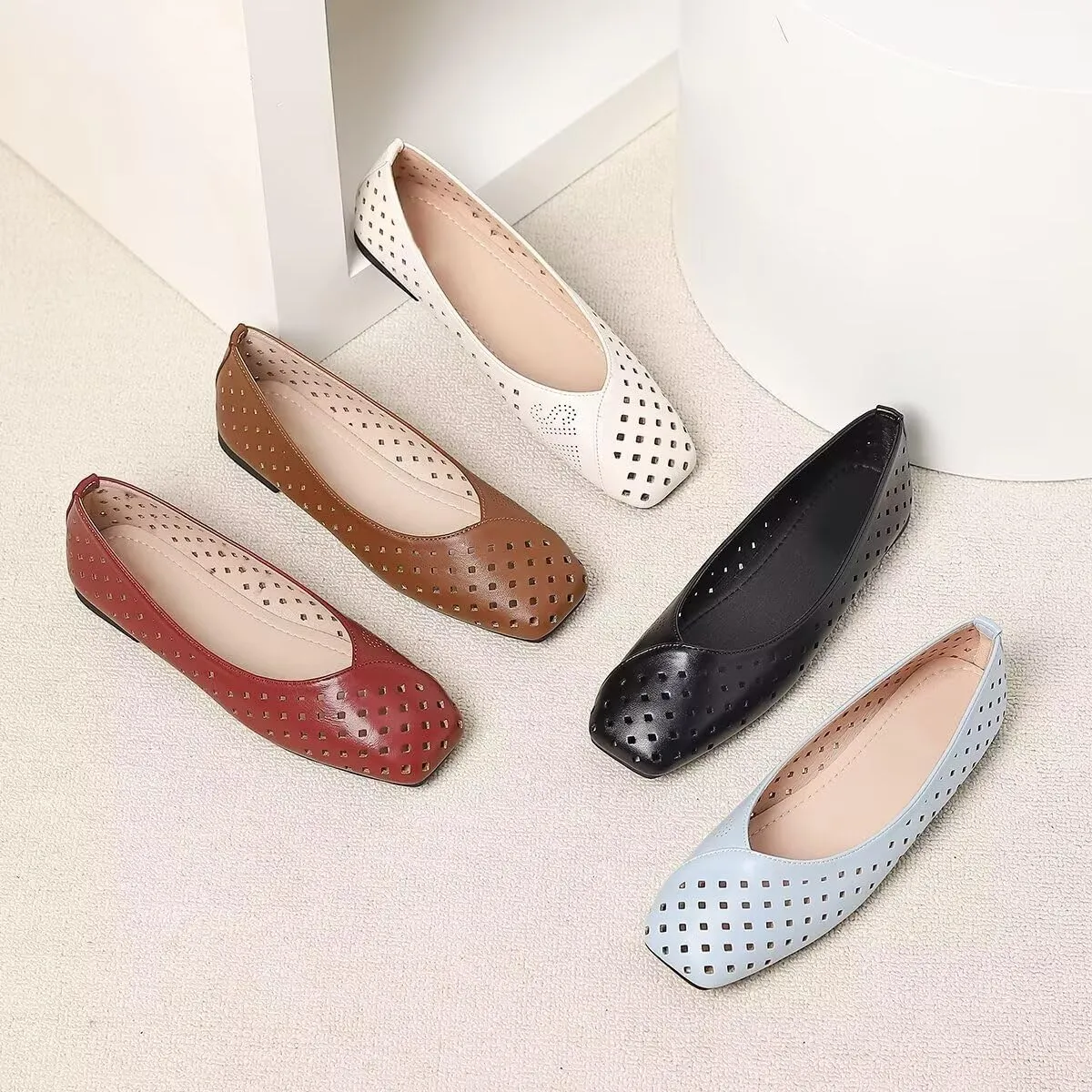 Women Summer Mary Jane Flats Breathable Low Heel Fashion Dress Shoes Square Toe Buckle Strap Casual Office Beach Shoes