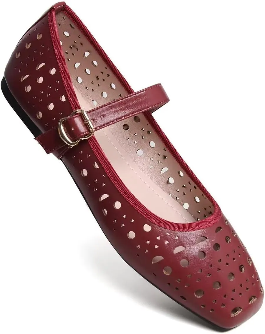 Women Summer Mary Jane Flats Breathable Low Heel Fashion Dress Shoes Square Toe Buckle Strap Casual Office Beach Shoes