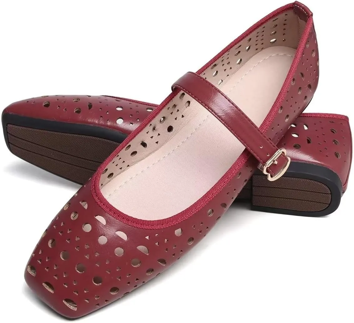 Women Summer Mary Jane Flats Breathable Low Heel Fashion Dress Shoes Square Toe Buckle Strap Casual Office Beach Shoes