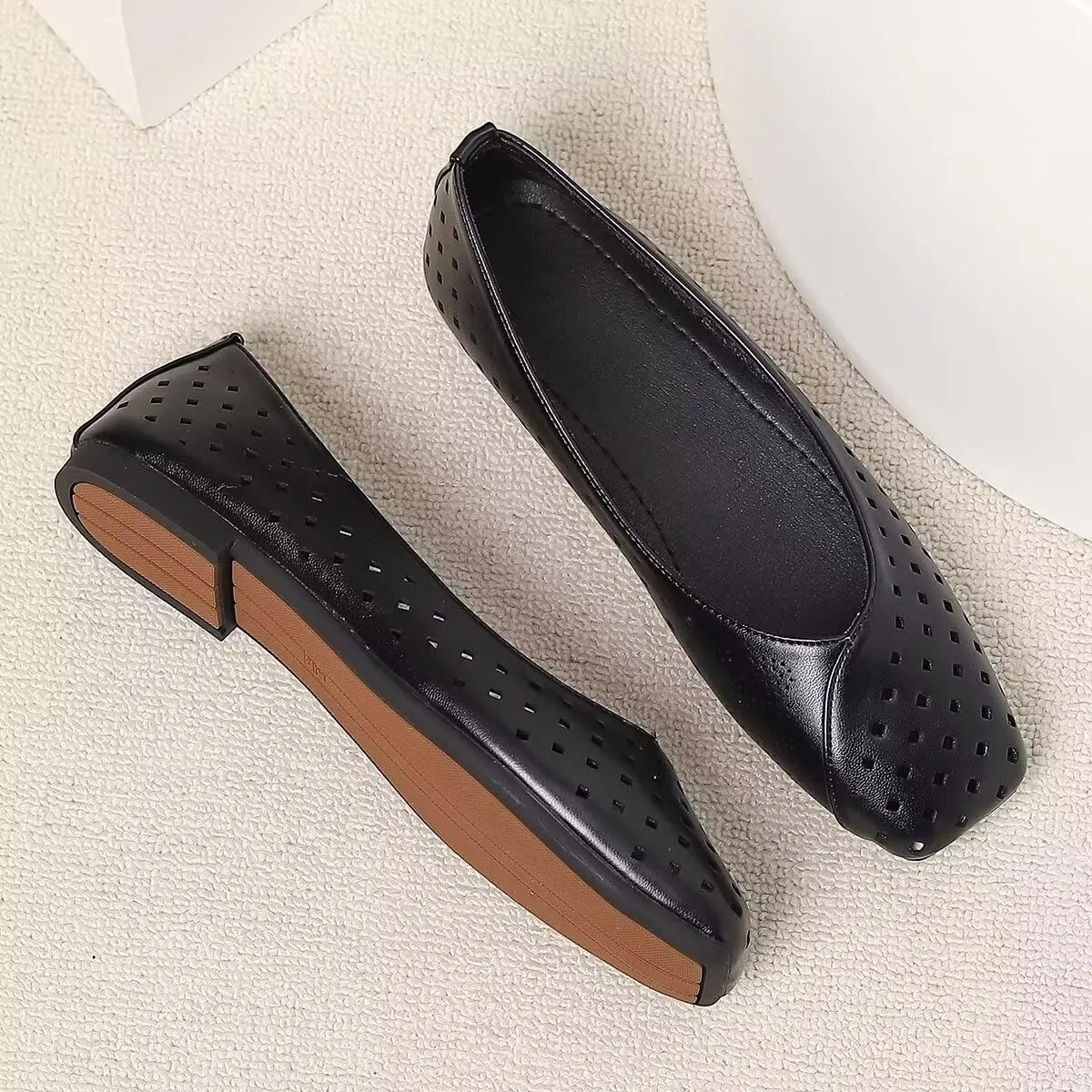 Women Summer Mary Jane Flats Breathable Low Heel Fashion Dress Shoes Square Toe Buckle Strap Casual Office Beach Shoes