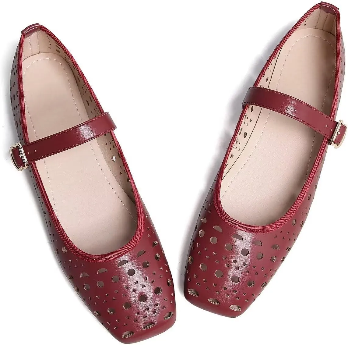 Women Summer Mary Jane Flats Breathable Low Heel Fashion Dress Shoes Square Toe Buckle Strap Casual Office Beach Shoes