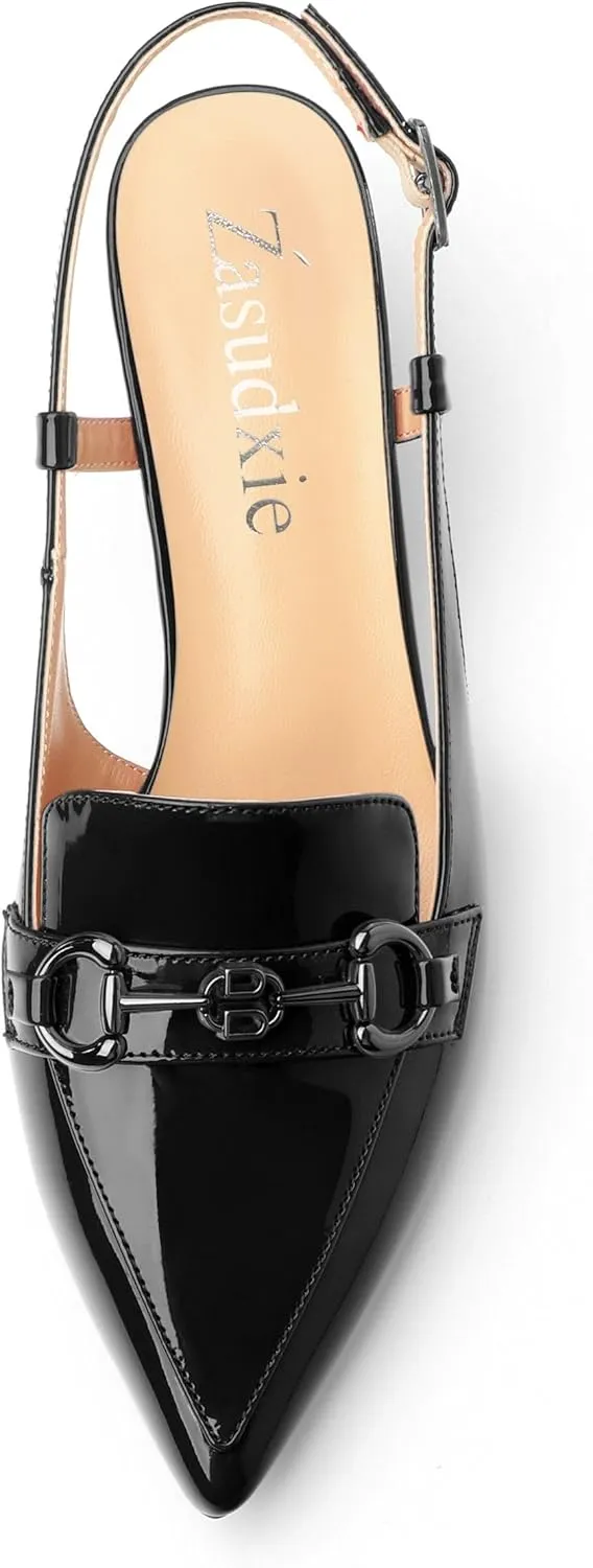 Women's Slingback Patent Leather Pointed Toe Kitten Low Heel Pumps Shoes for Women Dress Work Office Casual 1.5 Inch