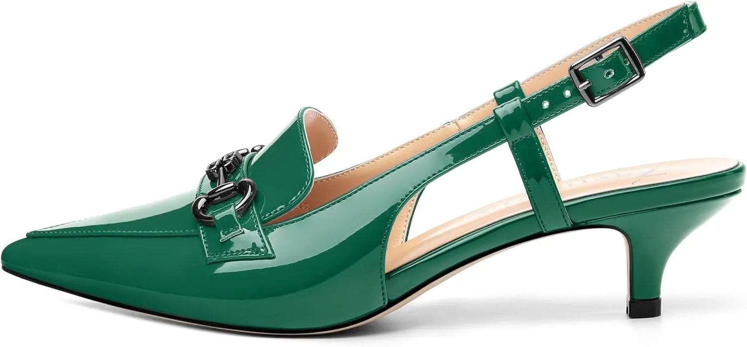 Women's Slingback Patent Leather Pointed Toe Kitten Low Heel Pumps Shoes for Women Dress Work Office Casual 1.5 Inch