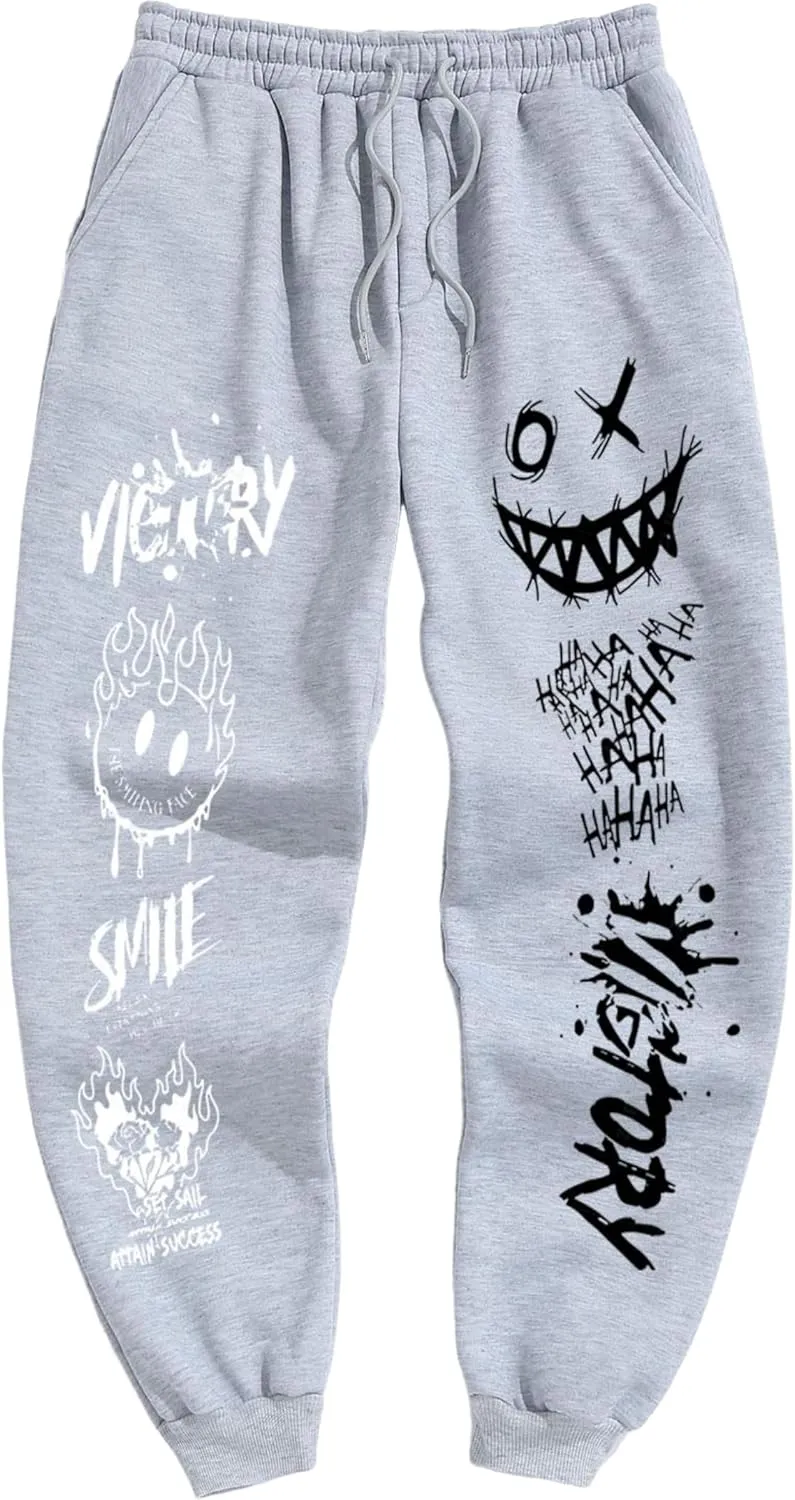ZAFUL Men's Sweatpants Tapered Gym Running Workout Pants Cartoon Face Print Athletic Drawstring Joggers with Pockets